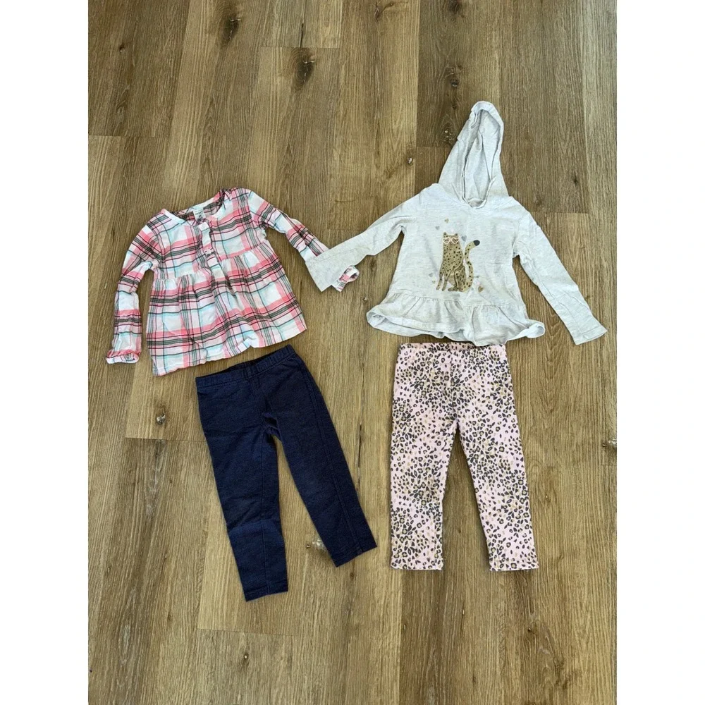 Carters Preppy Plaid and Leopard Print Outfit Set Kids 2T Pink Blue Gray 4 Piece